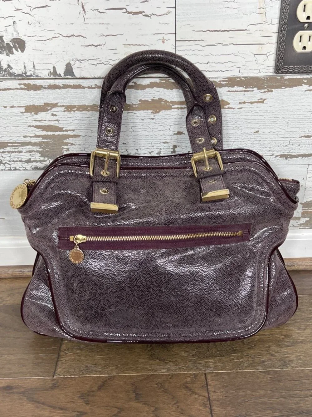 STELLA MCCARTNEY Double Handle Distressed Vegan Leather Satchel Glossy Plum OS